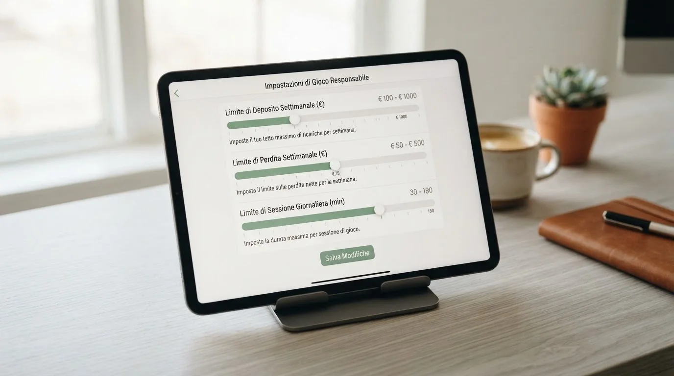 L'interfaccia di un pannello di controllo con i cursori per impostare limiti di deposito, perdita e tempo di sessione