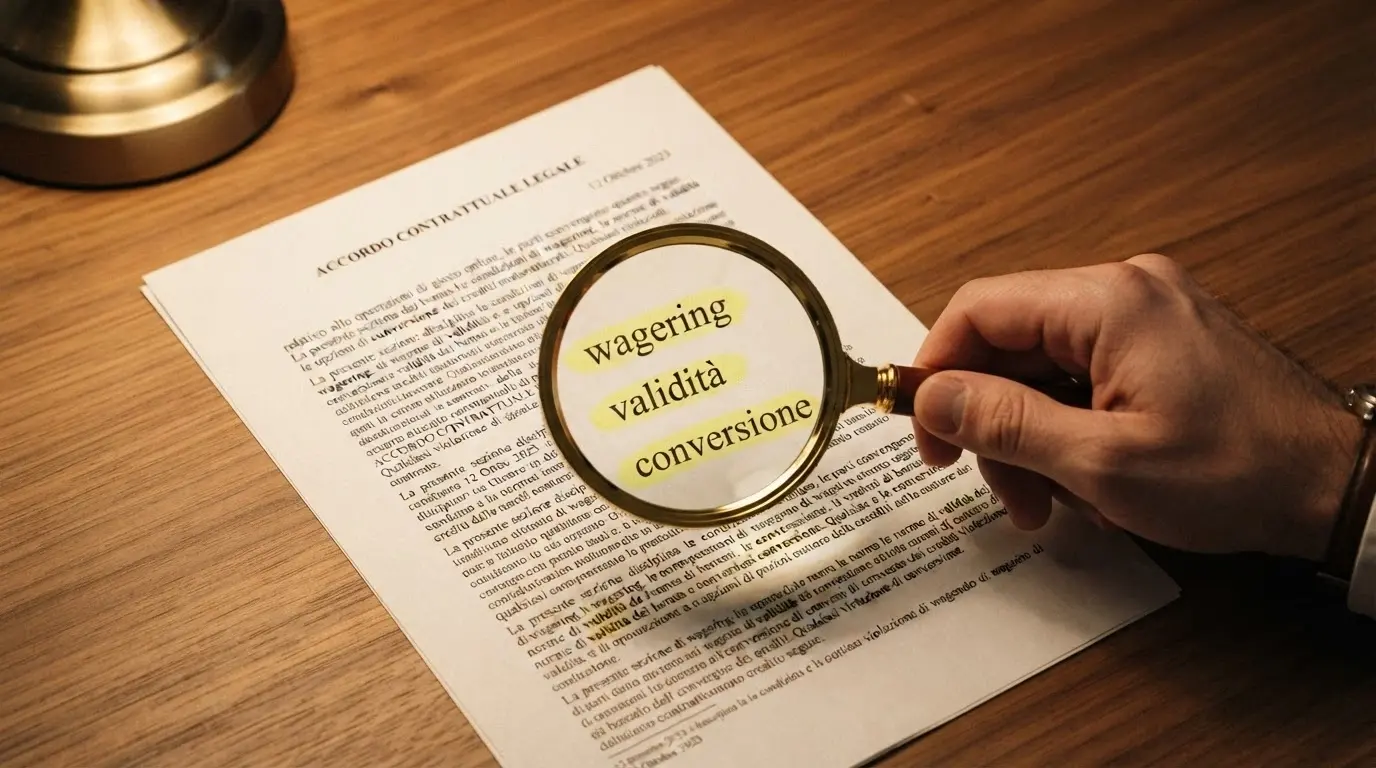 Una lente di ingrandimento su un contratto di bonus con le voci wagering, validità e conversione evidenziate in giallo