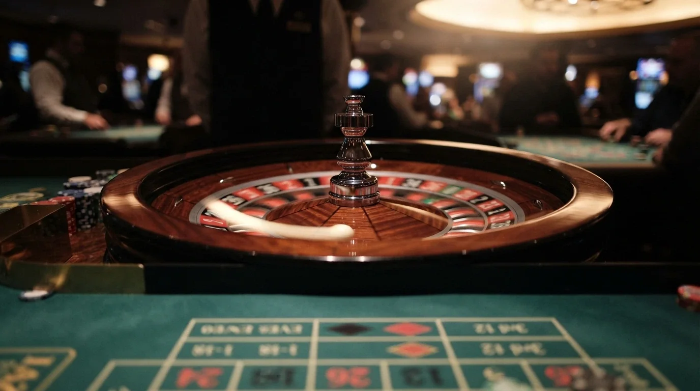 Primo piano di una ruota della roulette in movimento con la pallina visibile e il croupier sullo sfondo sfocato