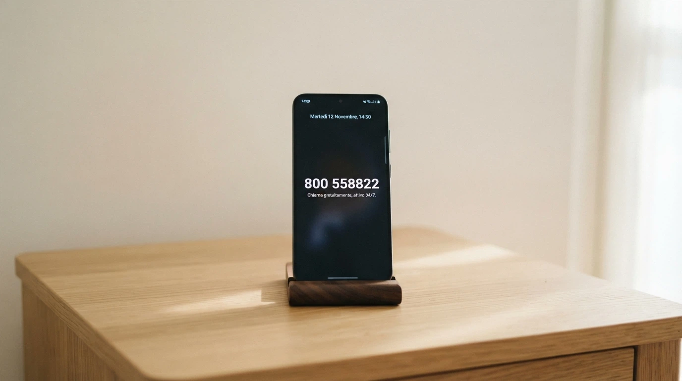 Un telefono con la cornetta alzata e il numero 800-558822 in sovraimpressione
