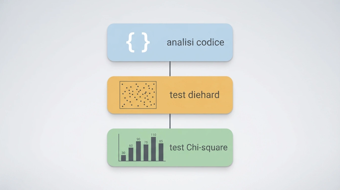 Schema a tre livelli del protocollo iTech Labs: analisi del codice sorgente, test diehard sui numeri raw, test Chi-square sugli output scalati