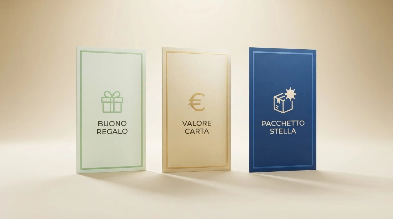 Tre carte bonus affiancate con valori diversi — la prima mostra un simbolo di regalo (senza deposito), la seconda una banconota da 10€ (deposito fisso), la terza un pacco con stelle (pacchetto completo)