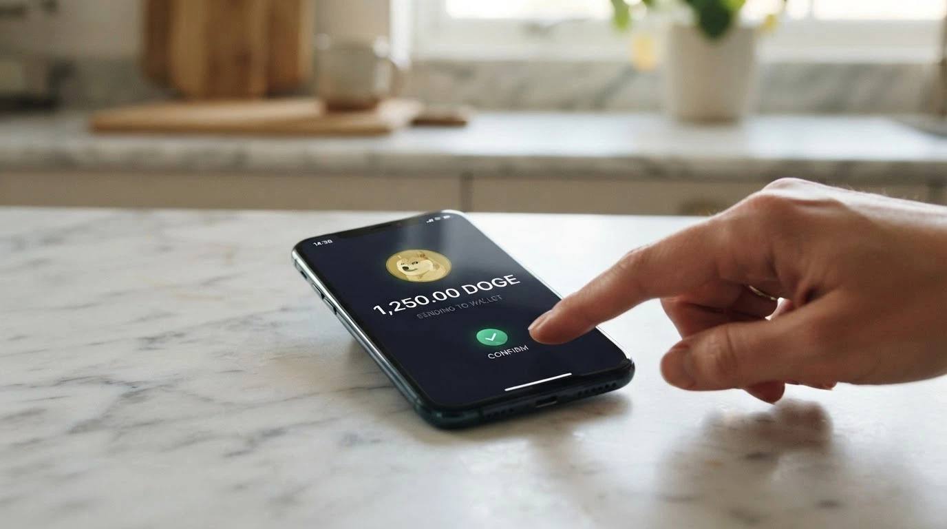 Lo schermo di uno smartphone che mostra una transazione Dogecoin in corso con il dettaglio delle commissioni di rete