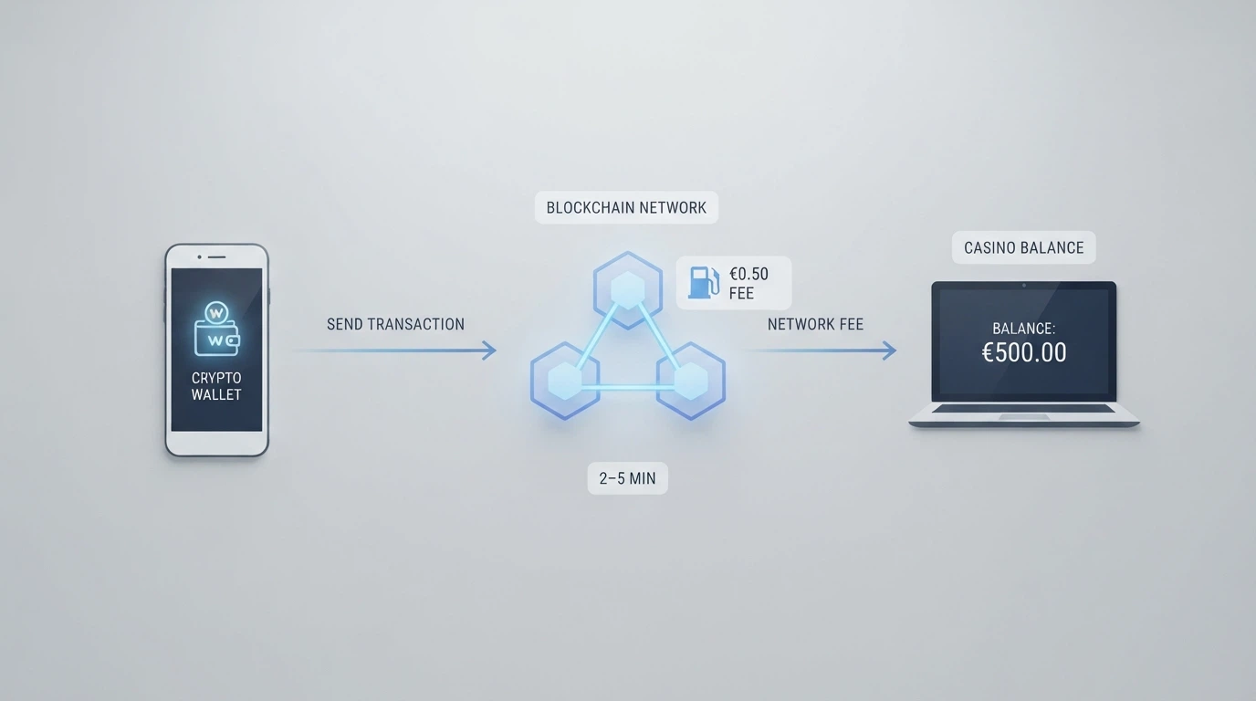Schema grafico che illustra il percorso di un deposito in Ethereum: dal wallet personale alla blockchain fino al saldo del casinò, con l'indicazione del tempo di conferma e della gas fee