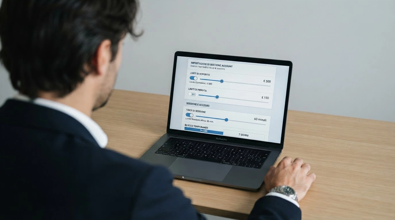Schermata di un pannello di controllo con opzioni di autoesclusione e limiti di deposito