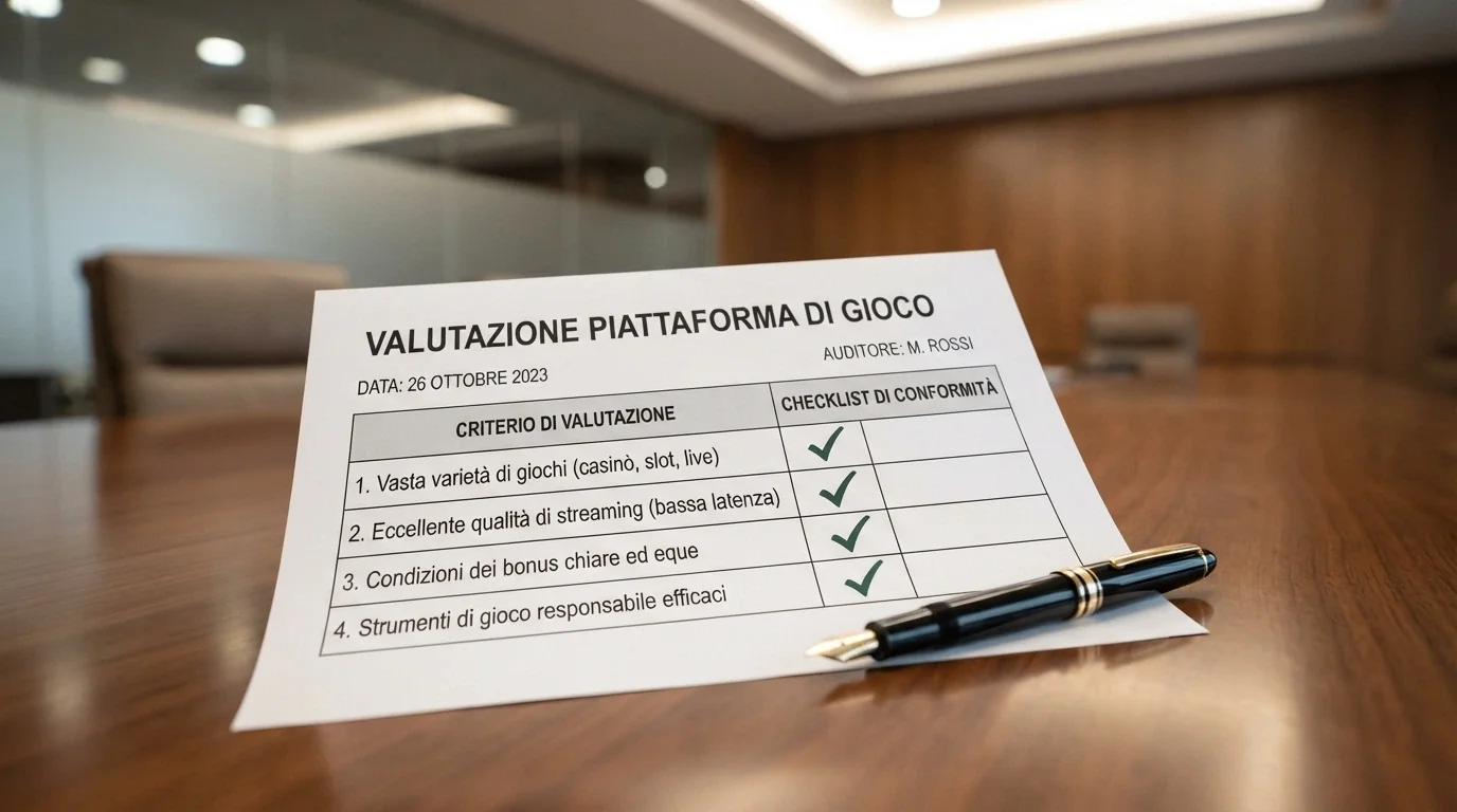 Un documento di valutazione con checkmark accanto a criteri come licenza, provider, numero tavoli e bonus