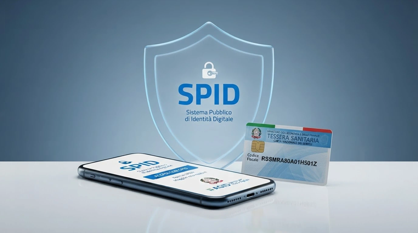 Un'interfaccia digitale di verifica con il logo SPID e una tessera sanitaria con codice fiscale in evidenza, sovrapposte a uno scudo trasparente