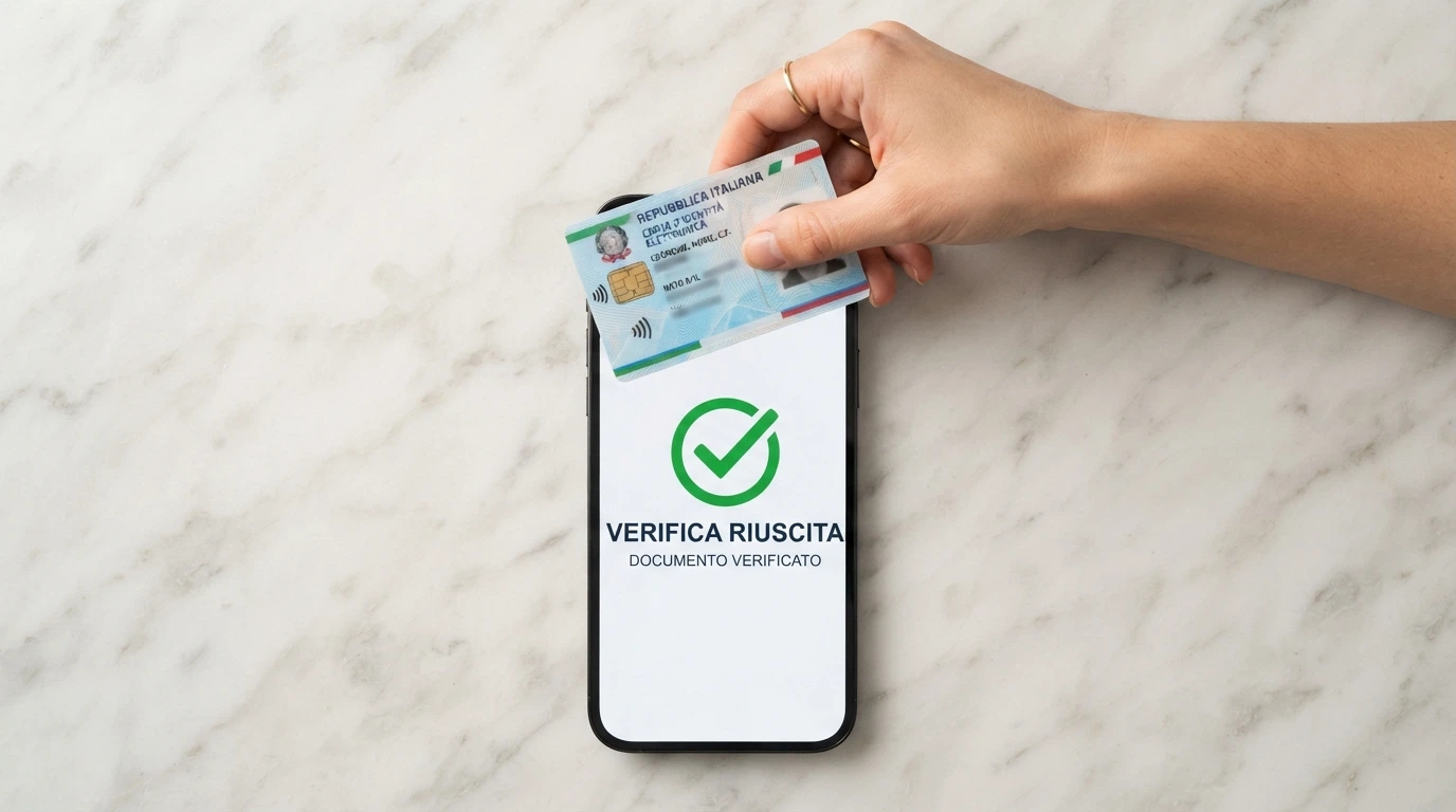 Un telefono che avvicina la CIE al sensore NFC, con una spunta verde di conferma sullo schermo