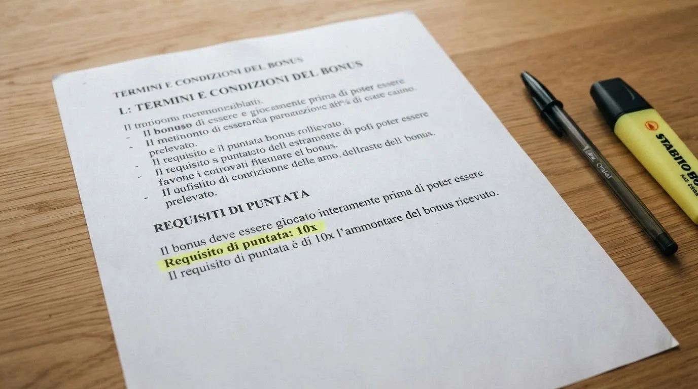 Un primo piano di un foglio con i termini di un bonus, una penna appoggiata accanto e un evidenziatore sulla riga «requisito di puntata: 10x»