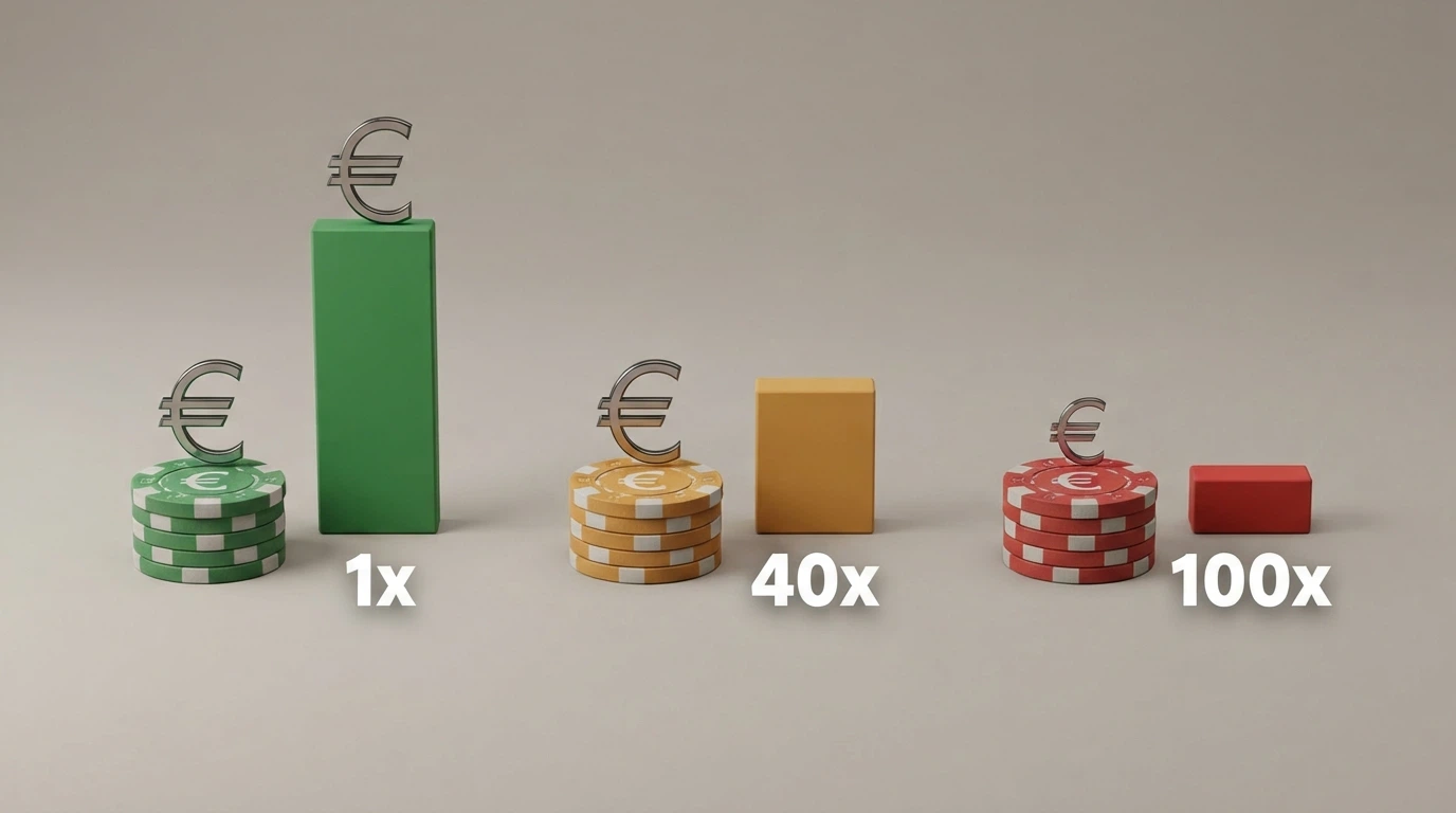 Tabella che mostra tre scenari di vincita con lo stesso importo iniziale ma wagering diverso (1x, 40x, 100x) e quanto resta prelevabile alla fine